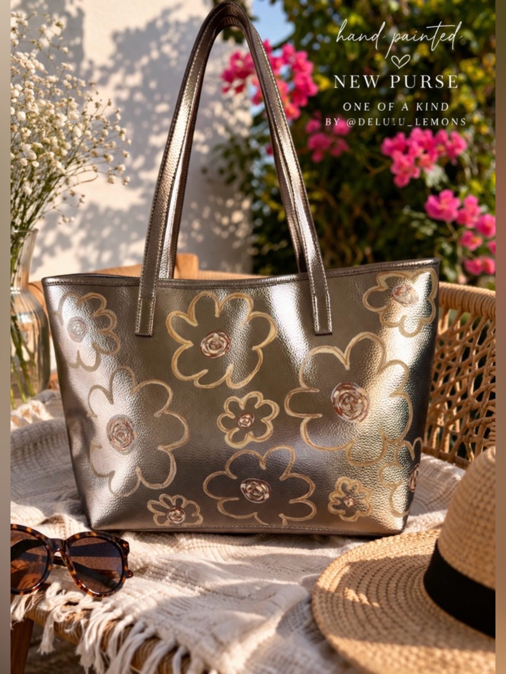 New Hand-Painted Metallic Floral Tote purse | One of a Kind | By @delulu_lemons - Picture 1 of 8